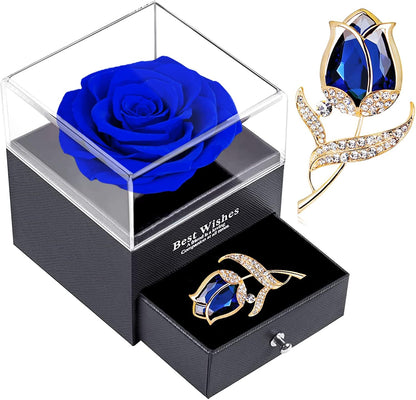 Preserved Rose Gift Enchanted Real Blue Rose with Sapphire Brooch, Eternal Flower Rose, Handmade Rose in Box with Pin, Forever Blue Rose Gift for Her on Mother'S Day, Birthday.