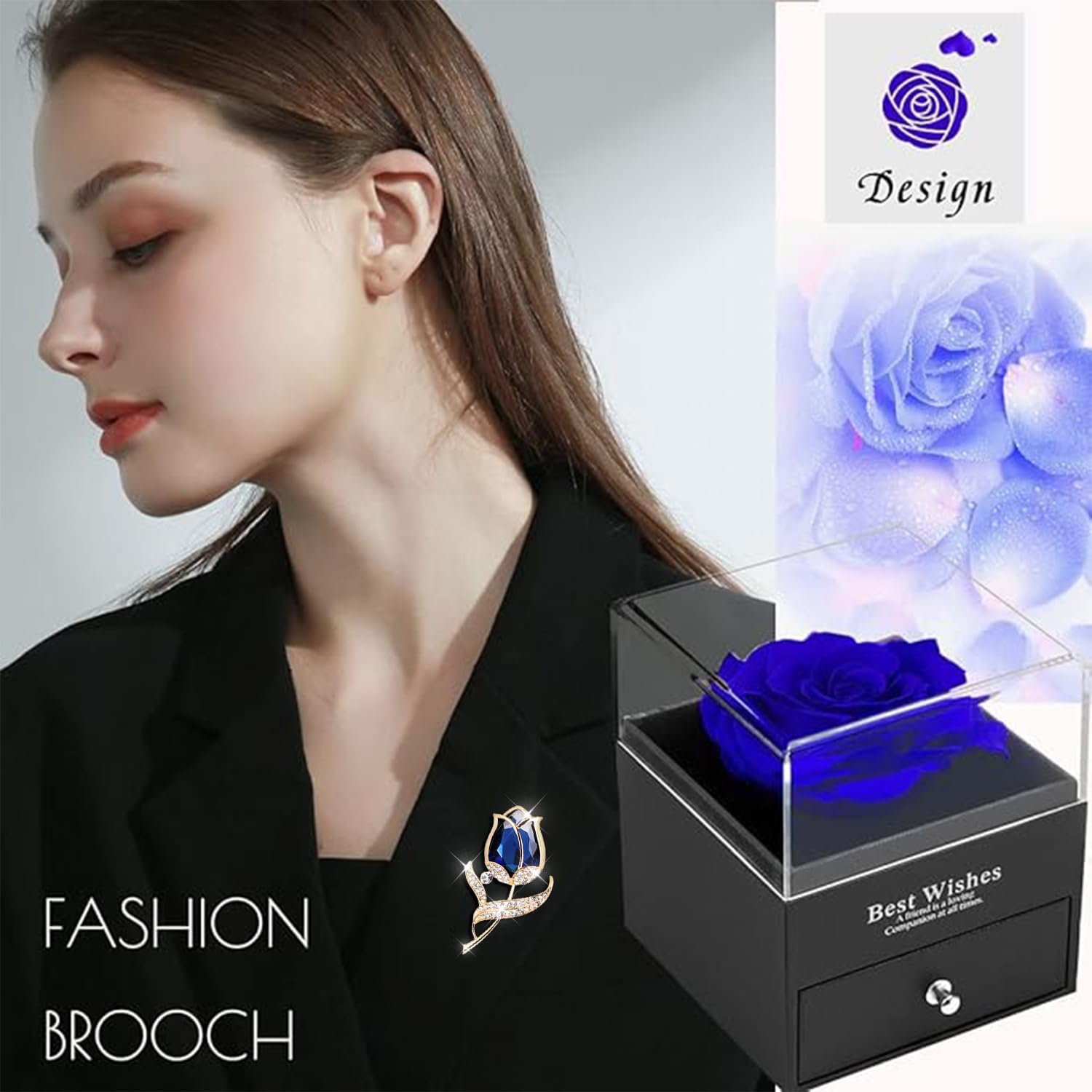 Preserved Rose Gift Enchanted Real Blue Rose with Sapphire Brooch, Eternal Flower Rose, Handmade Rose in Box with Pin, Forever Blue Rose Gift for Her on Mother'S Day, Birthday.