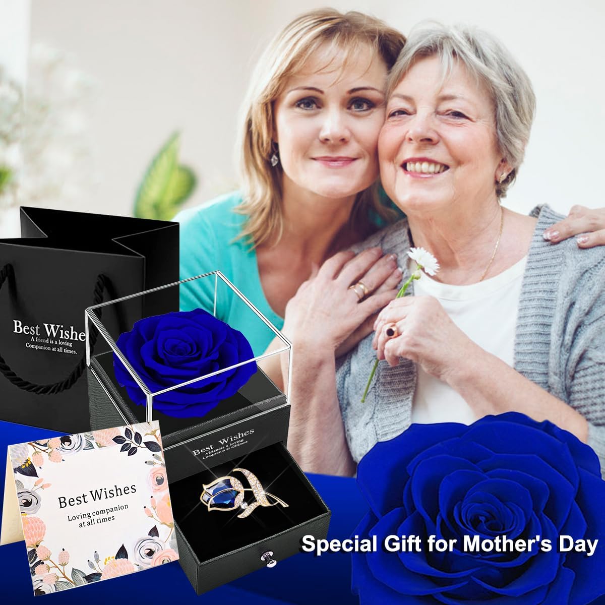 Preserved Rose Gift Enchanted Real Blue Rose with Sapphire Brooch, Eternal Flower Rose, Handmade Rose in Box with Pin, Forever Blue Rose Gift for Her on Mother'S Day, Birthday.