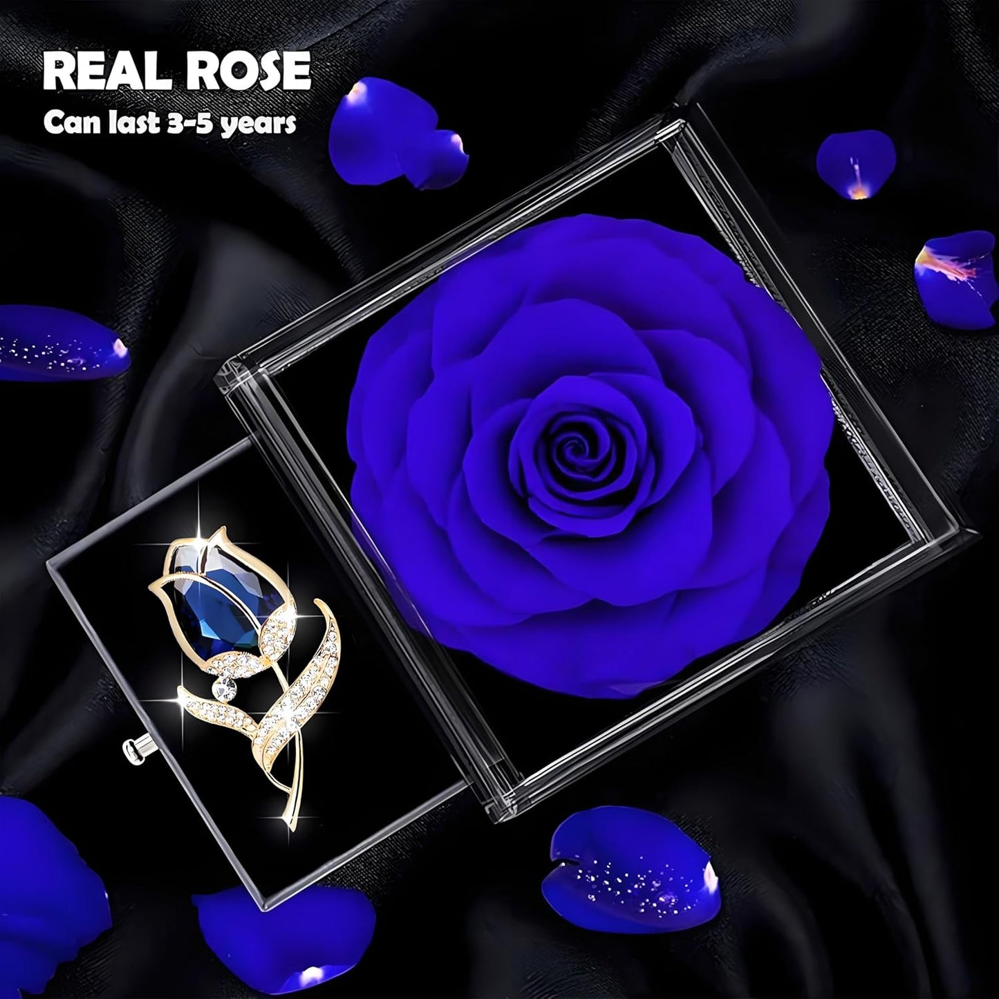 Preserved Rose Gift Enchanted Real Blue Rose with Sapphire Brooch, Eternal Flower Rose, Handmade Rose in Box with Pin, Forever Blue Rose Gift for Her on Mother'S Day, Birthday.
